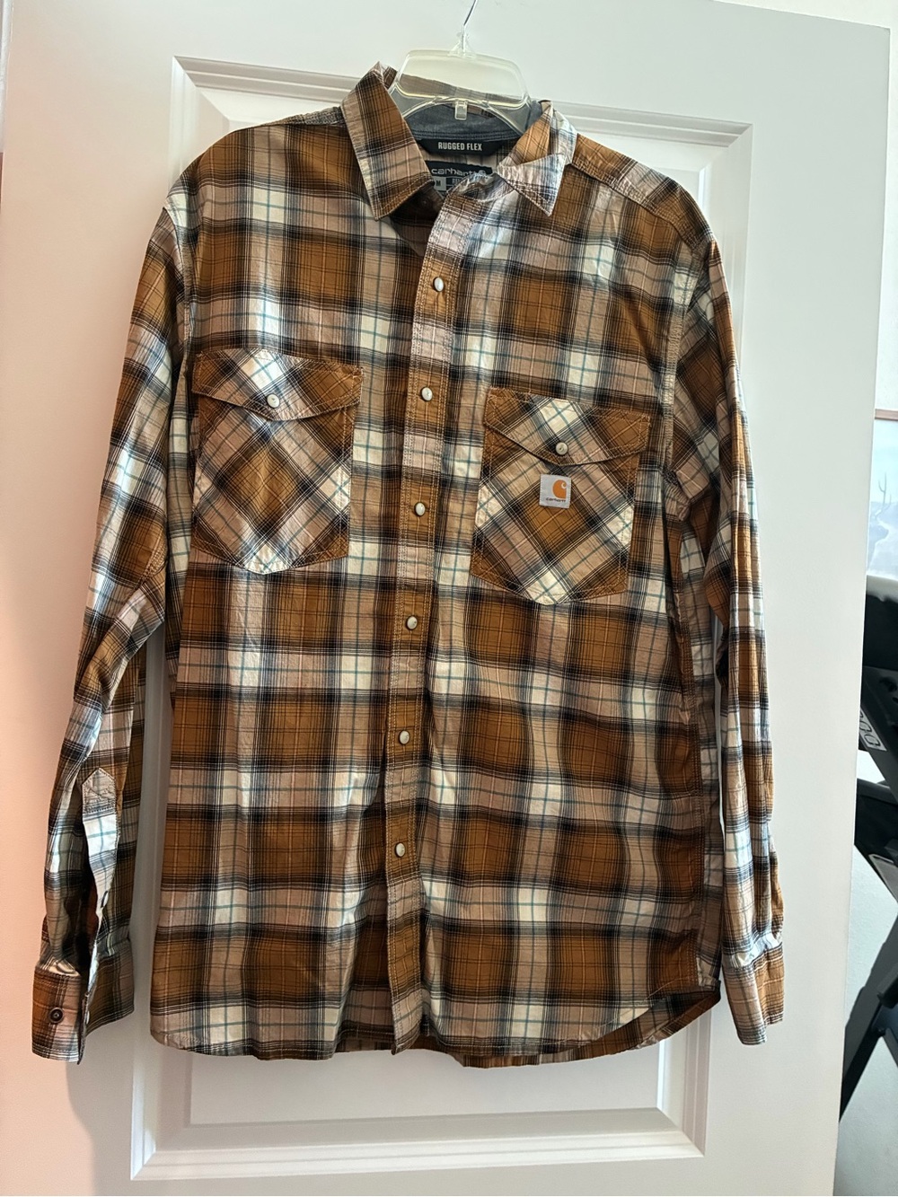Carhartt Men's Brown and Cream Plaid Long-Sleeve Work Shirt